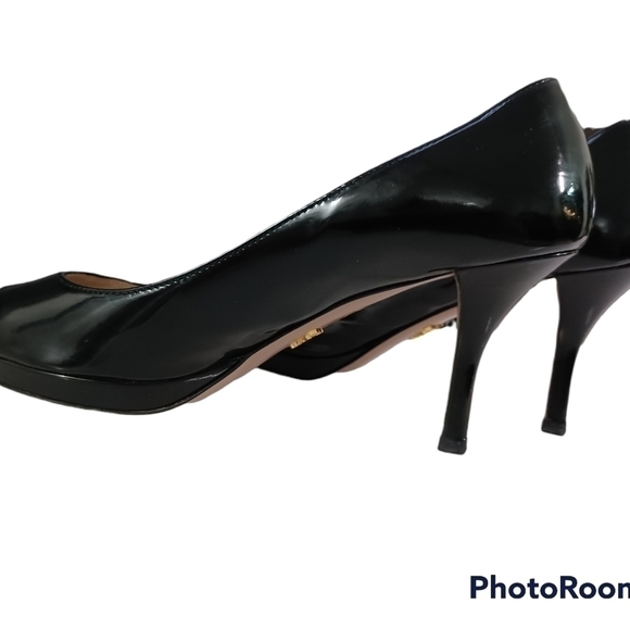 PRADA Black Vernice Patent Leather Peep Toe Heels Stilletos w Platforms … - Picture 6 of 13